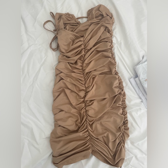 Shein Ruched Backless Halter Next Beige Dress - Picture 4 of 4